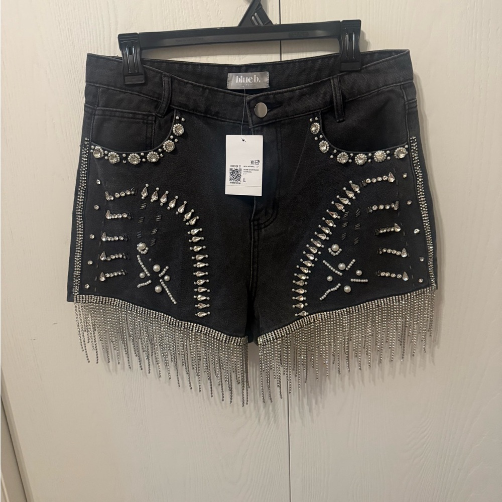 Forever 21 Black Jean Shorts with Studded Fringe
